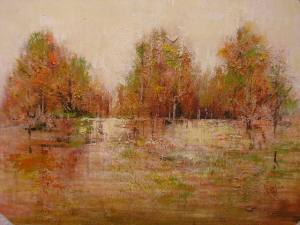 Paseo otoñal en lago. Técnica mixta/lienzo.